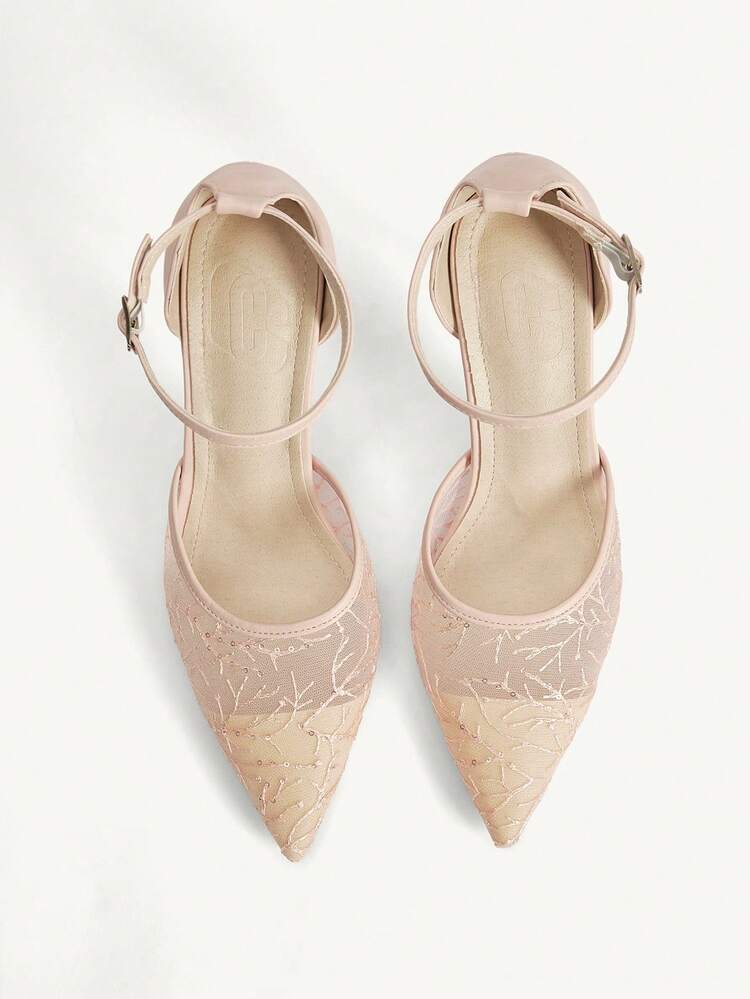 CUCCOO CHICEST Women Shoes Autumn New Back Bag Mesh Stiletto Heels Pointed Toe Embroidered Shoes Wedding Shoes Summer Shoes Bride Shoes