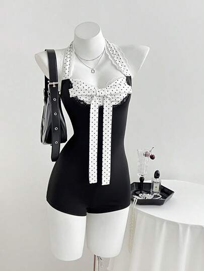 Elamini Women's Polka Dot Bow Decor Halter Romper