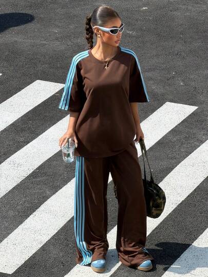 Muchica Women's Summer New Vintage Brown Woven Strap Patchwork Casual Loose 2 Pieces Set