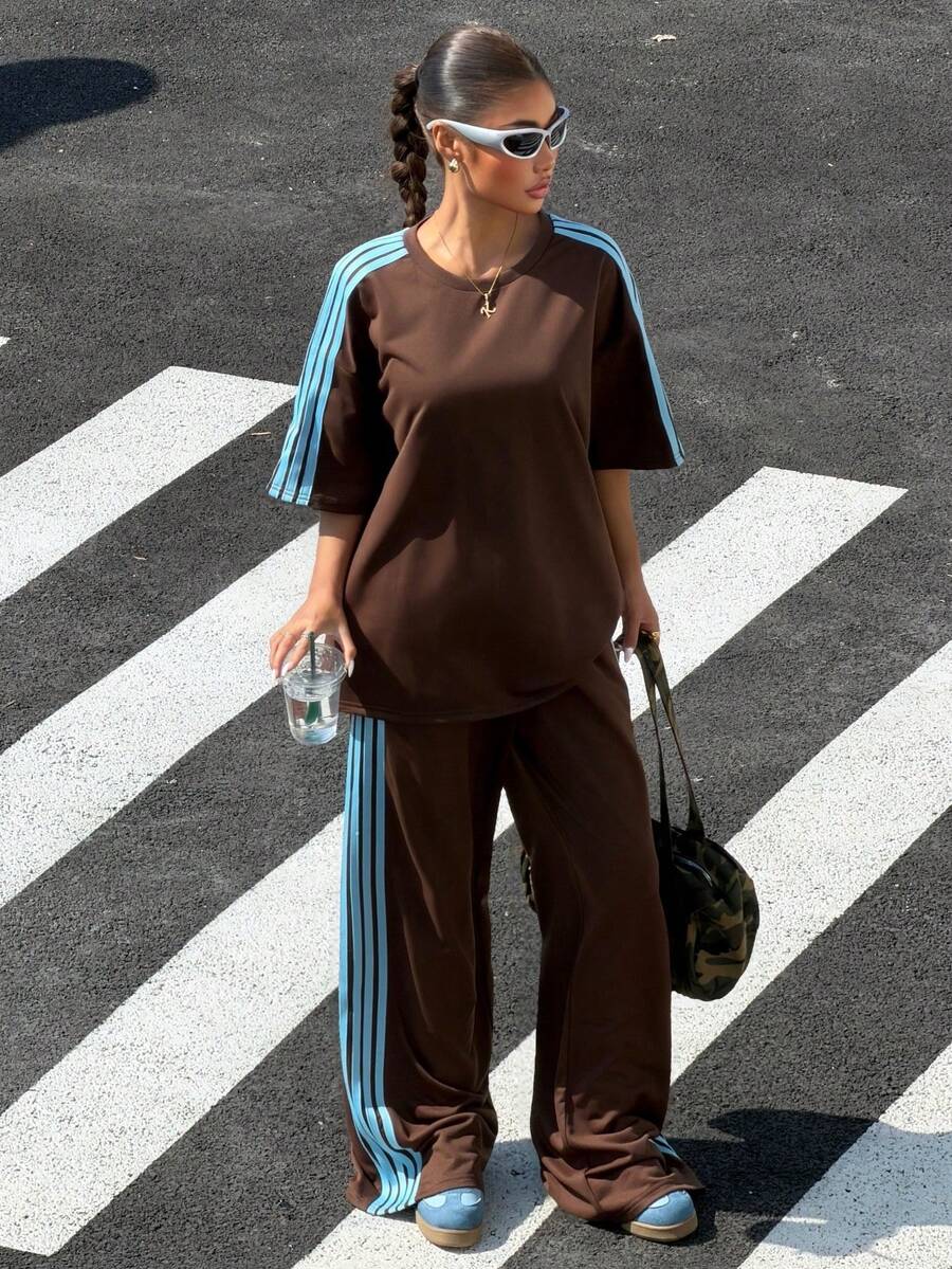 Muchica 女士夏季新款复古棕色编织肩带拼接休闲宽松两件套 - 棕色 - 查看 1