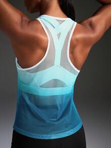 Powerista Ombre Print Hollow Breathable Racerback Sports Tank Top - Blue and White - View 2