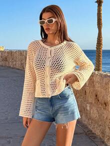 EURMUSE Open Knit Hollow-Out Pocket Button Cardigan In Lightweight Breathable Fabric For Chic Casual Spring Summer Layering Style - White - View 6