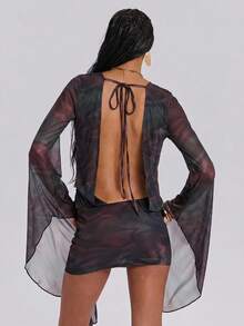 ROMWE Y2K Spring/Summer Vintage Leopard Print Deep V-Neck Backless Mini Dress For Women, Summer Vacation - Multicolor - View 2