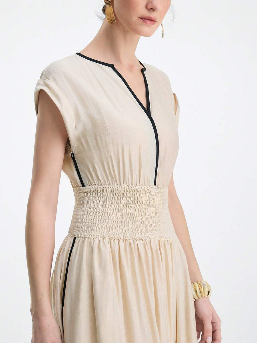 Aalyst 女士春夏约会/外出装扮，新年、情人节、复活节、母亲节、中东婚礼，精致时尚，优雅复古风，休闲简约通勤，浪漫度假亚麻褶皱系带腰侧开衩黑色长袖连衣裙，杏色口袋 - 杏色 - 查看 1