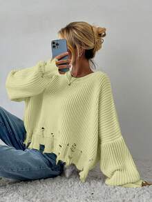 EURMUSE Drop Shoulder Distressed Trim Sweater - Yellow - View 3
