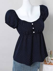 SHEIN Teen Girl Polka Dot Print Sweetheart Collar Puff Sleeve Cute Blouse - Apricot - View 5