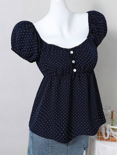 SHEIN Blouse mignonne à col en cœur et manches bouffantes avec imprimé pois pour adolescentes