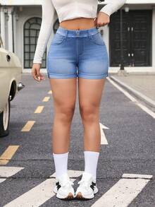 Flexra 女士弹力腰带口袋修身休闲百搭牛仔短裤 - 藍色 - 查看 7