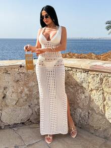 SHEIN Crochet Hollow Out Beachwear Cover Up - Apricot - View 5