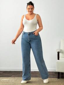 EURMUSE Plus Size Casual Everyday Washed Slant Pocket Straight Leg Jeans - Medium Wash - View 4