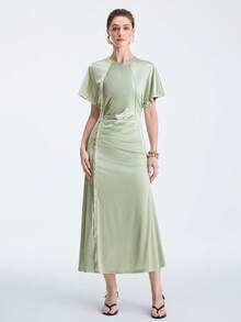 Aalyst Đầm maxi tay ngắn dáng chữ A xếp ly, cổ tròn, tay raglan, cổ tay rộng, cài cúc kim loại, màu xanh bạc hà, chất liệu satin dệt kim, có chun co giãn, eo, chất liệu satin dệt kim, có chun. Kiểu dáng thanh lịch, lãng mạn, cổ điển, thích hợp cho công sở, đi biển, nghỉ mát, thường ngày, đơn giản, đa năng, phong cách retro, bộ sưu tập Xuân/Hè mới. - màu xanh lá - Xem 5