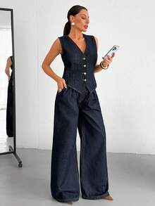 SHEIN Women's Casual Front Button Denim Blouse And Jeans Set, Summer - Dark Wash - View 5