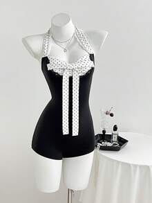 Elamini Bộ áo liền quần cổ yếm chấm bi trang trí nơ dành cho nữ - màu đen - Xem 4