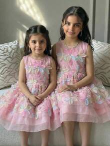 SHEIN Young Girl Elegant 3D Floral Organza Patchwork Bow Round Neck Sleeveless Princess Dress - Pink - View 9