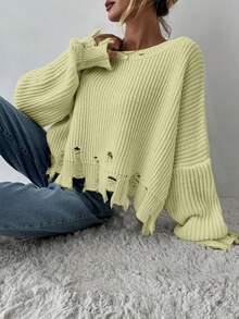 EURMUSE Drop Shoulder Distressed Trim Sweater - Yellow - View 5