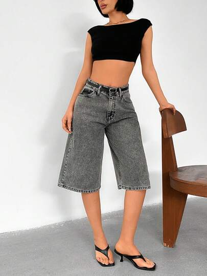SHEIN Pantaloni scurți casual din denim spălat pentru femei, cu buzunare oblice, de vară