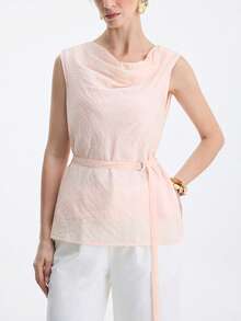 Aalyst Áo sơ mi nữ bằng vải lanh màu trơn, kiểu Pháp thanh lịch, thích hợp cho công sở, đi làm, du lịch, phong cách cao cấp lãng mạn, dáng rộng, vai vuông, thắt eo, vạt chữ A, thích hợp cho mùa xuân/hè. - Hồng - Xem 3