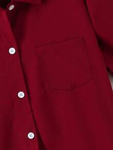 SHEIN Spring/Summer Loose Casual Textured Fabric Turndown Collar Open Front Real Pocket Design Boys Shirt - Red - View 3