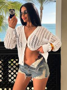 SHEIN Hollow Out V Neck Knit Cardigan Lightweight Long Sleeve Button Front Summer Cover Up Openwork Sweater Chic Beach Wear - Beige - View 4