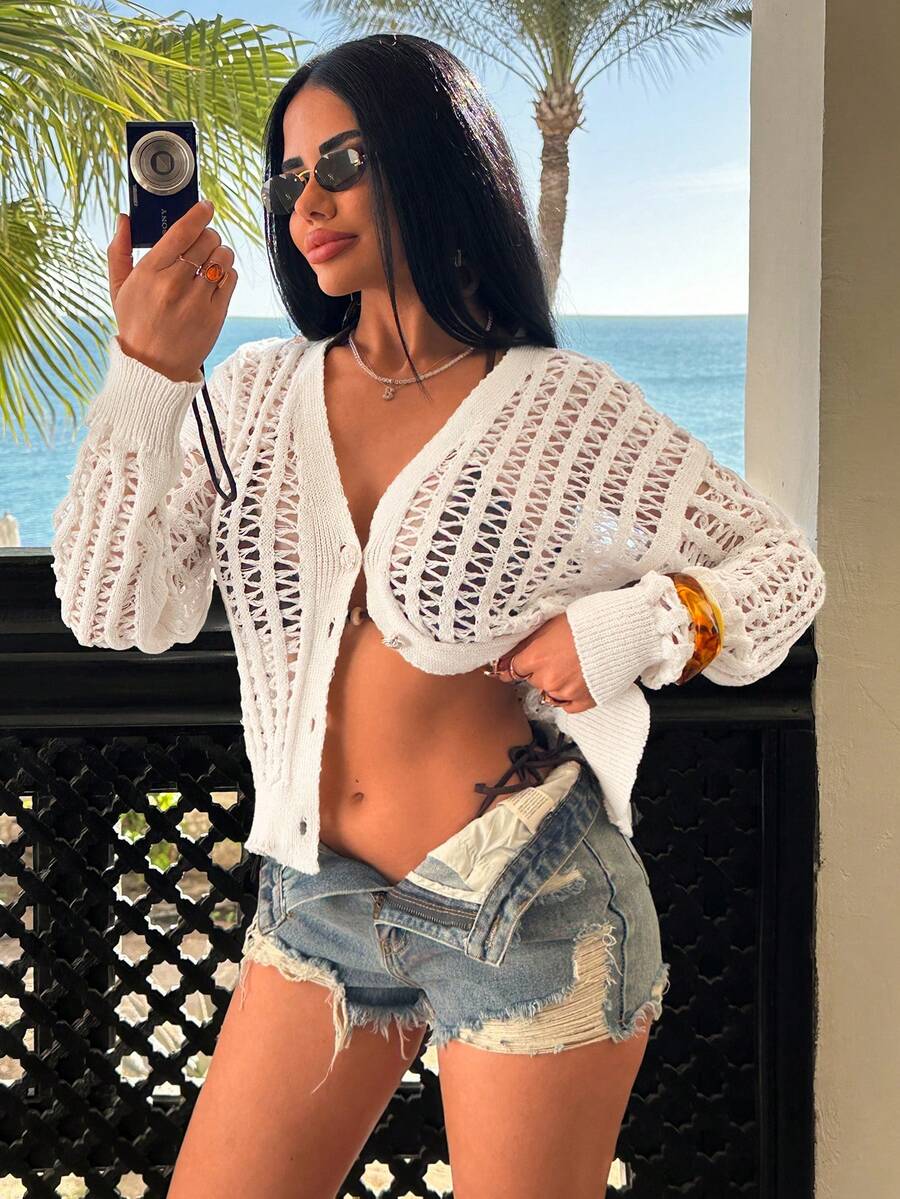 SHEIN Hollow Out V Neck Knit Cardigan Lightweight Long Sleeve Button Front Summer Cover Up Openwork Sweater Chic Beach Wear - Beige - View 1