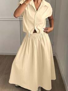 DAZY 女士夏季休闲纯色短款衬衫和半裙两件套 - 淡黃色 - 查看 4