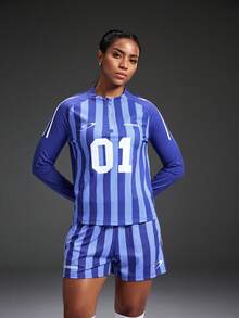 Powerista Women's Number Pattern Striped Raglan Sleeve Zip-Up Half Placket Football Jersey Top - Pink - View 1