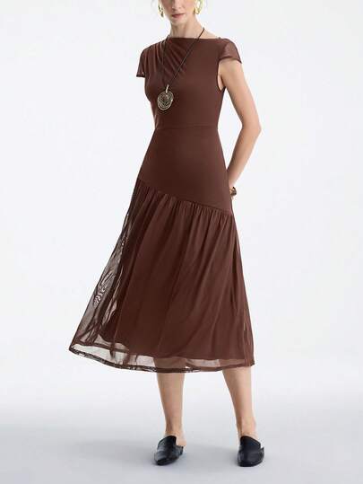 Aalyst Women's Elastic Mesh Fabric Pleated Shoulder Ruffle Hem A-Line Midi Dress, Elegant French Romantic Vintage Office Commute Business Beach Casual Versatile, Spring/Summer New