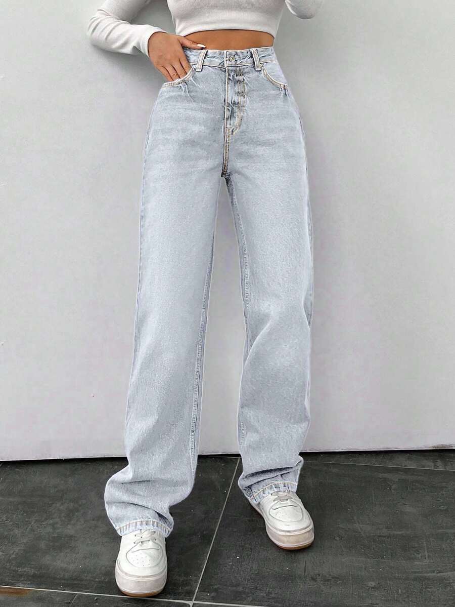 EURMUSE Women's High Waist Cotton Straight Washed Denim Casual Pants - Baby Blue - View 1