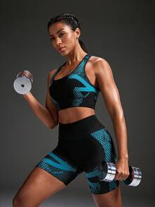 Powerista Contrast Color Print High Waist Seamless Sports Shorts - Black - View 6