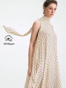 Aalyst Đầm nữ dáng suông không tay, cổ cao, thắt nơ, chấm bi lãng mạn, dài đến đầu gối, kiểu Pháp cổ điển thanh lịch, thích hợp cho công sở, đi làm, kinh doanh, thường ngày, nghỉ lễ, tiệc trà chiều, dạo phố, đơn giản và đa năng, mẫu mới Xuân/Hè. - Màu be - Xem 2