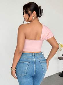 Firerie Chemise asymétrique élégante à nœud pour femmes grandes tailles, top rose pâle, tenue de bureau/négociation d'affaires et tenue décontractée/thé/rencontre entre amies/shopping/été pour femmes/été européen/pour enseignantes/femmes de campagne/top d'été mignon à une épaule rose - Rose bonbon - Voir 2