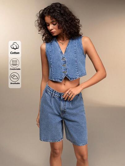 SHEIN Women's Casual Everyday Washed Denim Top And Denim Shorts, Summer