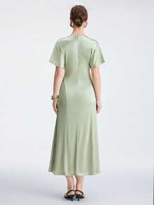 Aalyst Đầm maxi tay ngắn dáng chữ A xếp ly, cổ tròn, tay raglan, cổ tay rộng, cài cúc kim loại, màu xanh bạc hà, chất liệu satin dệt kim, có chun co giãn, eo, chất liệu satin dệt kim, có chun. Kiểu dáng thanh lịch, lãng mạn, cổ điển, thích hợp cho công sở, đi biển, nghỉ mát, thường ngày, đơn giản, đa năng, phong cách retro, bộ sưu tập Xuân/Hè mới. - màu xanh lá - Xem 4