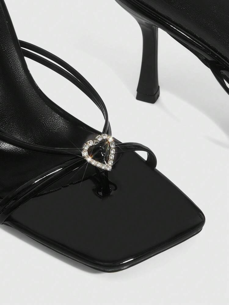 CUCCOO SZL Women Shoes Spring And Summer New Black Square Toe Thin High Heel Thin Strip With Love Diamond Buckle Women's High Heel Sandals Slippers Fashionable Comfortable Versatile Sexy Party Nightclub Women's Sandals Women's Shoes Prom Heels