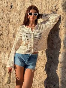 EURMUSE Open Knit Hollow-Out Pocket Button Cardigan In Lightweight Breathable Fabric For Chic Casual Spring Summer Layering Style - White - View 7