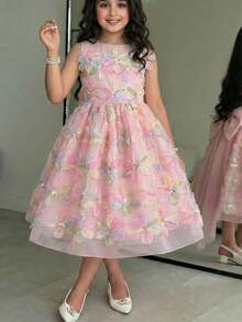 SHEIN Young Girl Elegant 3D Floral Organza Patchwork Bow Round Neck Sleeveless Princess Dress - Pink - View 10