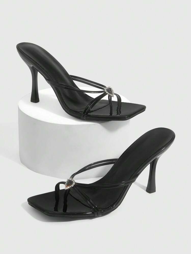 CUCCOO SZL Women Shoes Spring And Summer New Black Square Toe Thin High Heel Thin Strip With Love Diamond Buckle Women's High Heel Sandals Slippers Fashionable Comfortable Versatile Sexy Party Nightclub Women's Sandals Women's Shoes Prom Heels