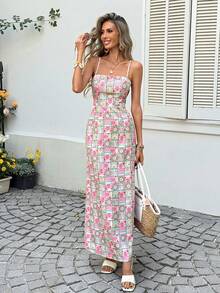 SHEIN LUNE 女士休闲夏季度假通勤日常基本款吊带长裙 女士夏季连衣裙 波西米亚风女装 女士夏季套装 波西米亚风夏季连衣裙 露背夏季连衣裙 - 粉色 - 查看 3