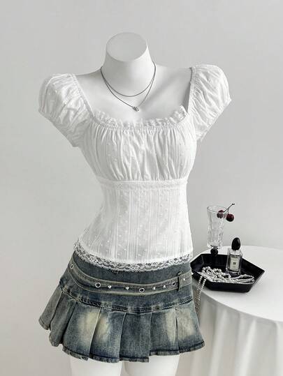 Elamini 1pc Summer New Arrival Sweet White Blouse With 3D Jacquard Lace Patchwork, Casual Versatile Peter Pan Collar Short Sleeve Top, Suitable For Daily Wear, Dates