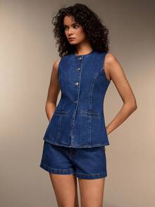 EURMUSE Women's Summer Casual Front Button Denim Blouse And Denim Shorts - Medium Wash - View 1