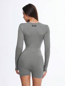 Gameset SHEIN Sport Mono deportivo casual de mujer de unicolor, cuello redondo, manga larga y diseño con botones - Gris - Ver 2