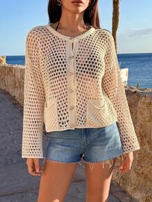 EURMUSE Open Knit Hollow-Out Pocket Button Cardigan In Lightweight Breathable Fabric For Chic Casual Spring Summer Layering Style - White - View 3