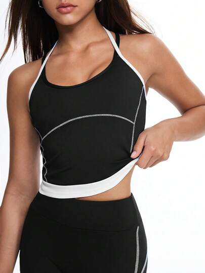 Eassivo Women's Black Crisscross Back Tank Top, Contrast White Trim, Adjustable Straps, Stretchy Athletic Crop Top For Yoga, Gym, And Fitness, Sleek Colorblock Sportswear,Sports Bra Tank,Curve Athletic Top,Sport Crop Top