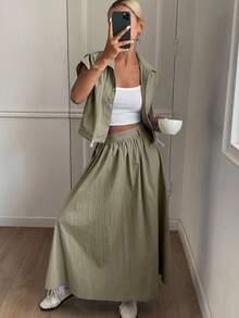 DAZY 女士夏季休闲纯色短款衬衫和半身裙两件套家居服套装，女士短款套装 - 棕色 - 查看 3
