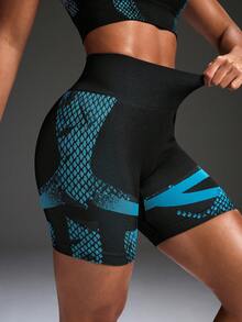 Powerista Contrast Color Print High Waist Seamless Sports Shorts - Black - View 3