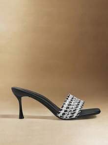 Rosivie 女士方头细跟黑色编织时尚优雅法式高跟凉鞋拖鞋搭配裙子日常百搭宴会派对女士凉鞋 - 黑色 - 查看 2