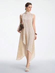 Aalyst Đầm nữ dáng suông không tay, cổ cao, thắt nơ, chấm bi lãng mạn, dài đến đầu gối, kiểu Pháp cổ điển thanh lịch, thích hợp cho công sở, đi làm, kinh doanh, thường ngày, nghỉ lễ, tiệc trà chiều, dạo phố, đơn giản và đa năng, mẫu mới Xuân/Hè. - Màu be - Xem 6