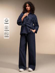 SHEIN Cottnline WOMEN Two Pieces SET SHIRT AND TROUSERS - Dark Wash - View 1
