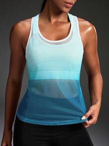 Powerista Ombre Print Hollow Breathable Racerback Sports Tank Top - Blue and White - View 4