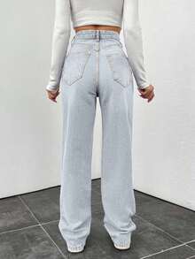 EURMUSE Women's High Waist Cotton Straight Washed Denim Casual Pants - Baby Blue - View 2